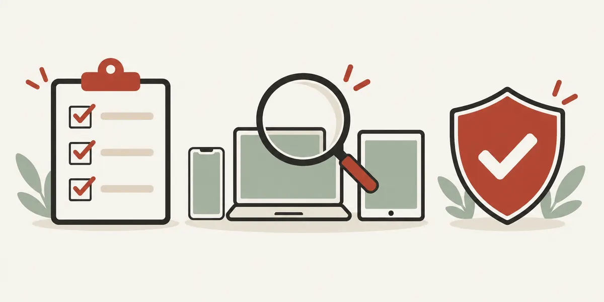 打了勾的檢查清單、放大鏡檢視一排裝置，以及帶勾勾的盾牌